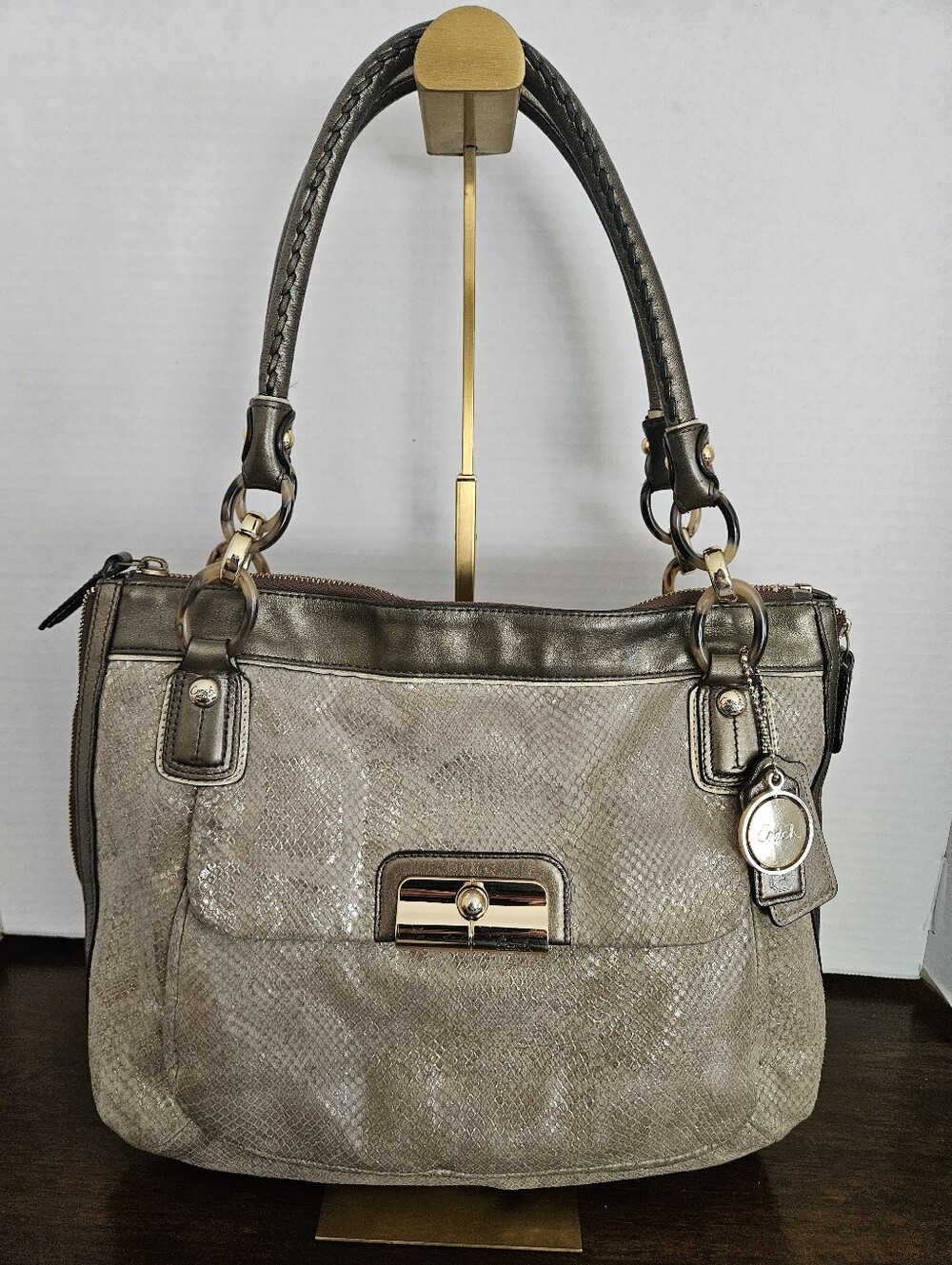 Coach Kristin 18307 Metallic Python Embossed Leather Tote Shoulder Bag Bronze
